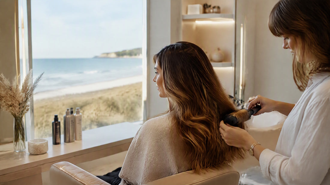 Coiffage de cheveux sujets aux frisottis dans un salon de coiffure à la rentrée
